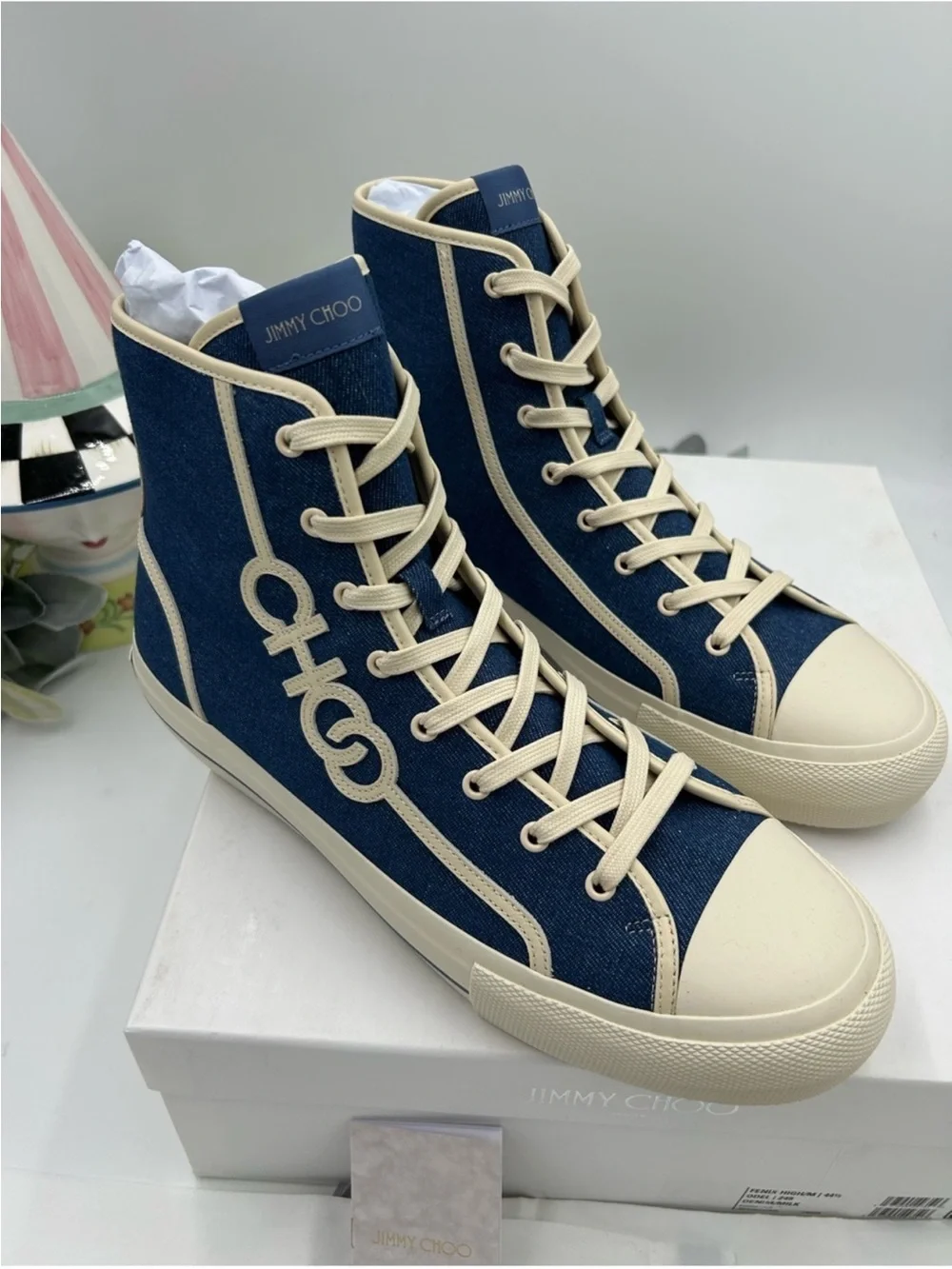 Men’s Jimmy Choo FENIX denim high top logo sneakers size 44.5